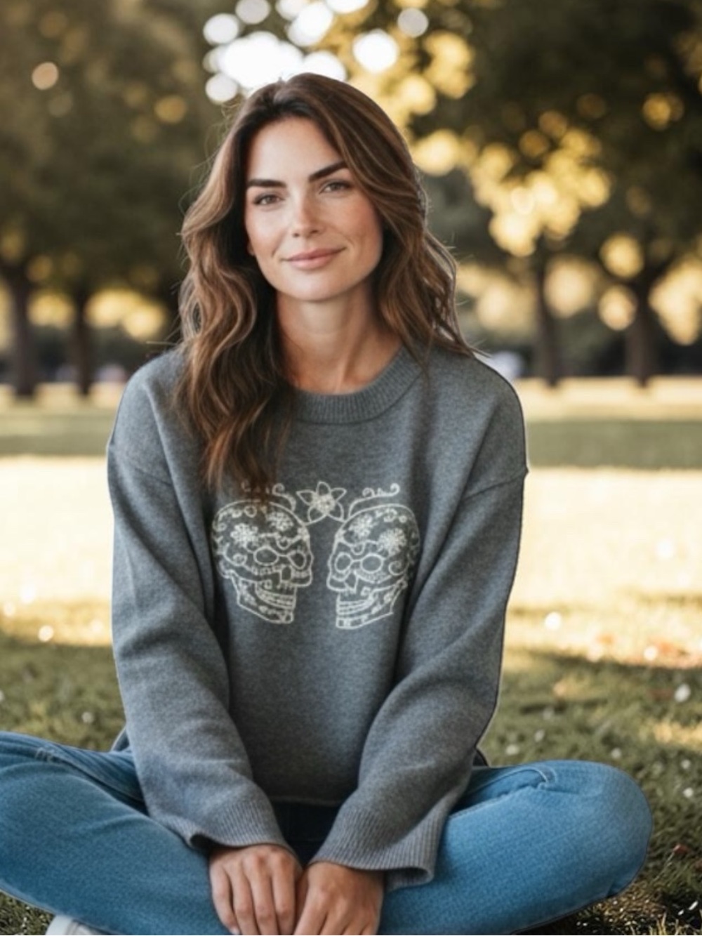 Haute Hippie Gray Crewneck Sweater with Twin Skull Graphic
